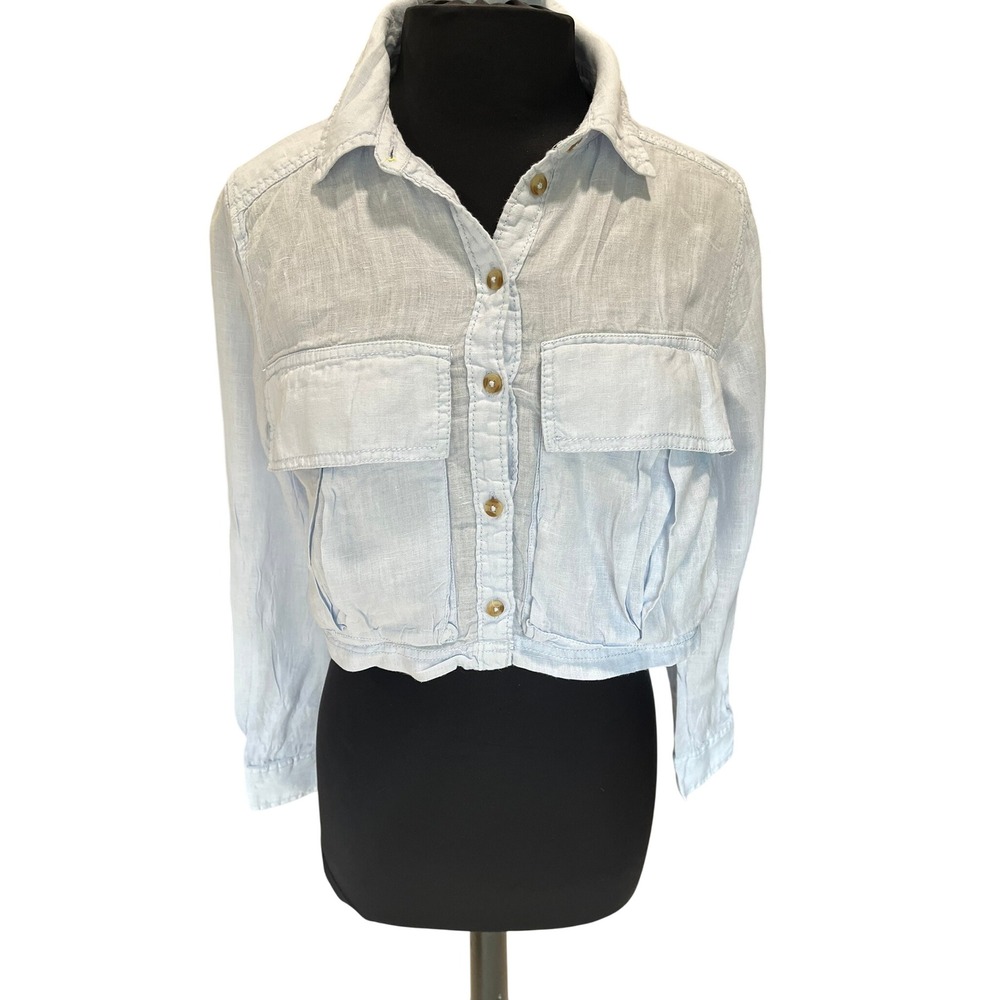 Pilcro and the Letterpress Women Light Blue Linen Cropped Button Down Shirt S